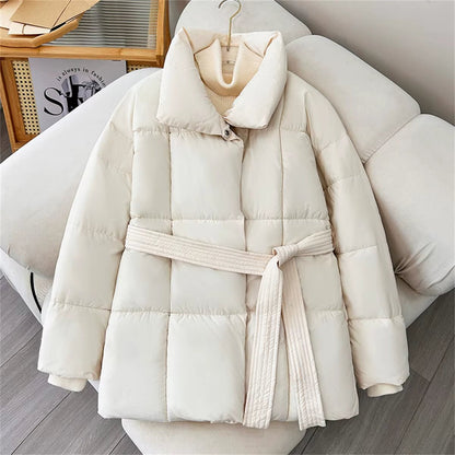 Winter Thick Stand Collar Parkas Women Fashion Tie Waist Short Coats Elegant New Solid Puffer Jackets Female Ladies Streetwear - AromaEase