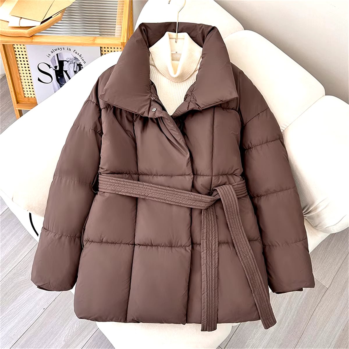 Winter Thick Stand Collar Parkas Women Fashion Tie Waist Short Coats Elegant New Solid Puffer Jackets Female Ladies Streetwear - AromaEase