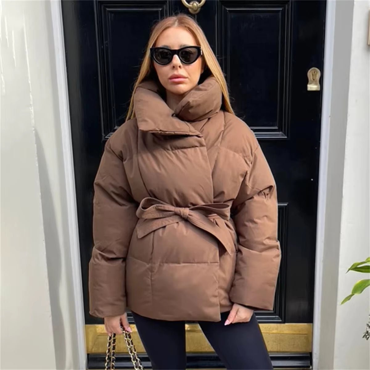 Winter Thick Stand Collar Parkas Women Fashion Tie Waist Short Coats Elegant New Solid Puffer Jackets Female Ladies Streetwear - AromaEase