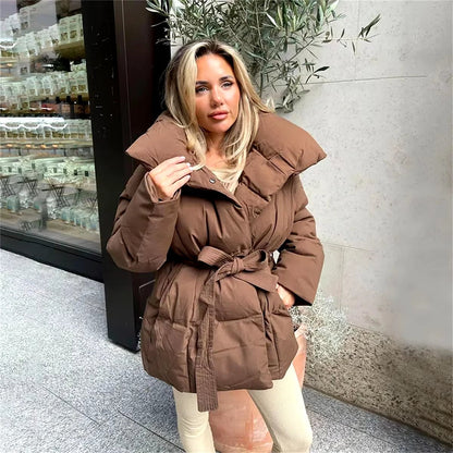 Winter Thick Stand Collar Parkas Women Fashion Tie Waist Short Coats Elegant New Solid Puffer Jackets Female Ladies Streetwear - AromaEase