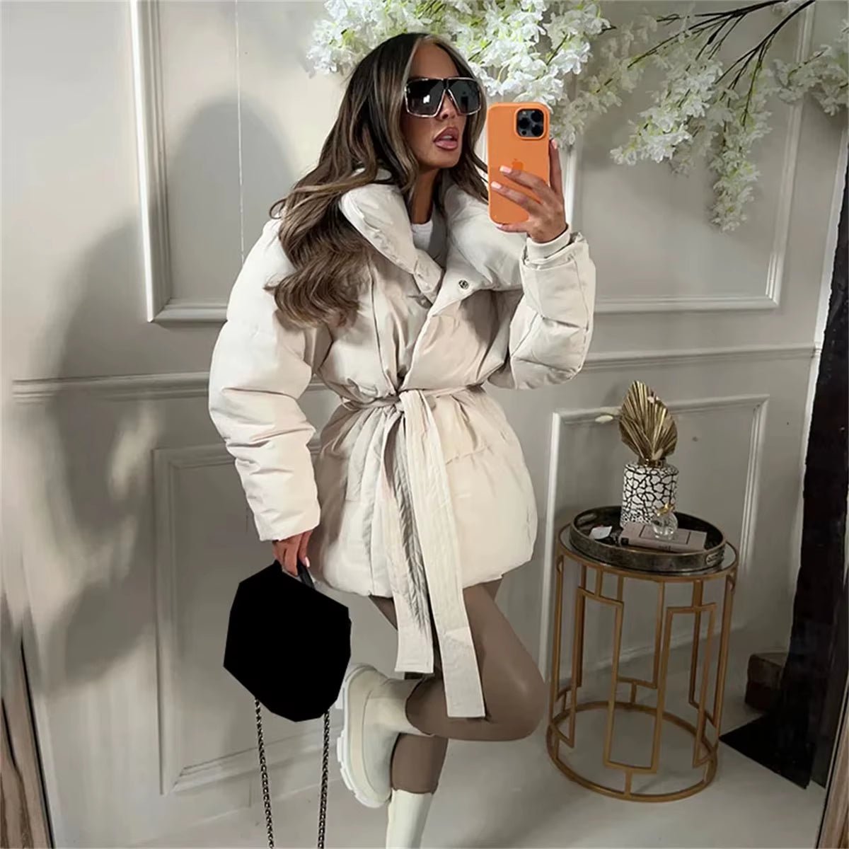 Winter Thick Stand Collar Parkas Women Fashion Tie Waist Short Coats Elegant New Solid Puffer Jackets Female Ladies Streetwear - AromaEase