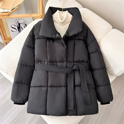 Winter Thick Stand Collar Parkas Women Fashion Tie Waist Short Coats Elegant New Solid Puffer Jackets Female Ladies Streetwear - AromaEase