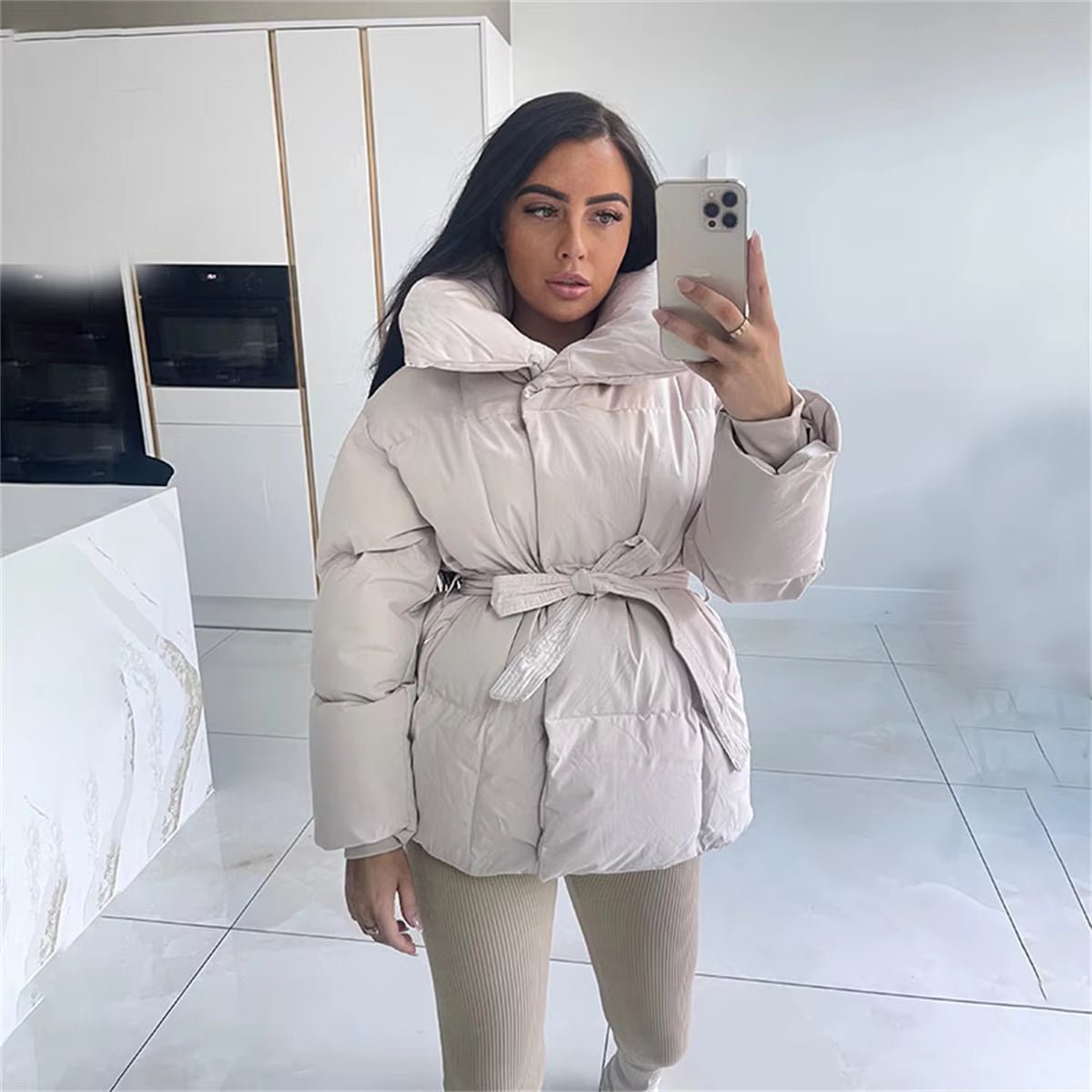 Winter Thick Stand Collar Parkas Women Fashion Tie Waist Short Coats Elegant New Solid Puffer Jackets Female Ladies Streetwear - AromaEase